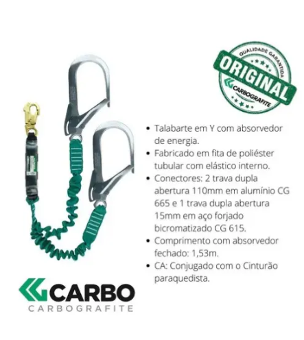 Talabarte em Y Duplo CG395 Carbografite com Absorvedor de Energia | Conectores 55 mm | NBR 15834 e NBR 14629
